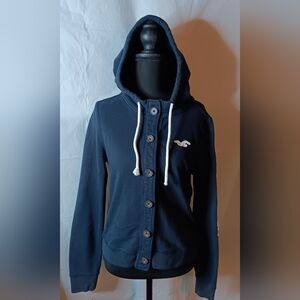Y2K Hollister Women's L Navy Button Down Hoodie-Preppy